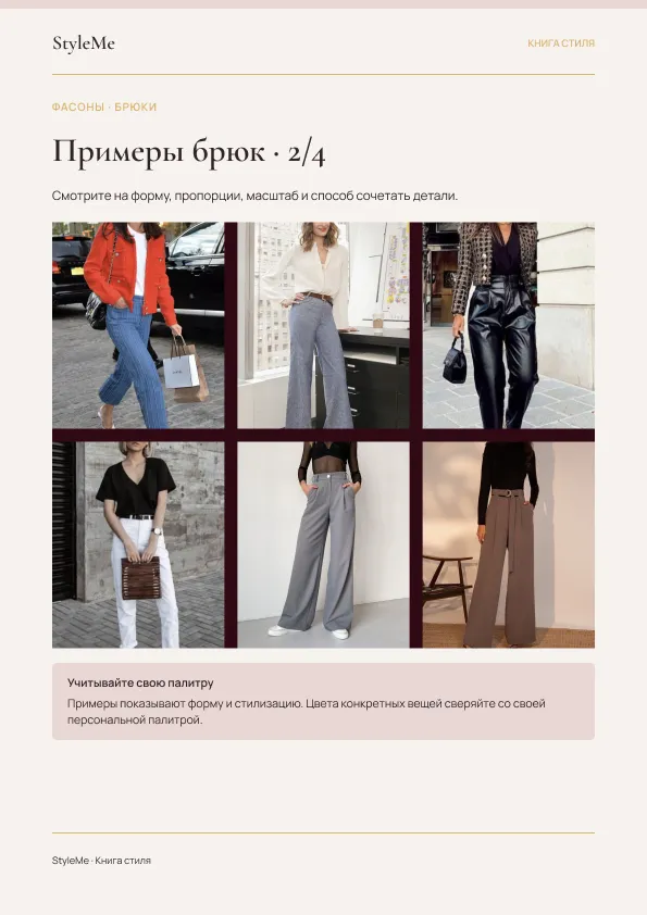 Страница Книги стиля с галереей рекомендаций по брюкам